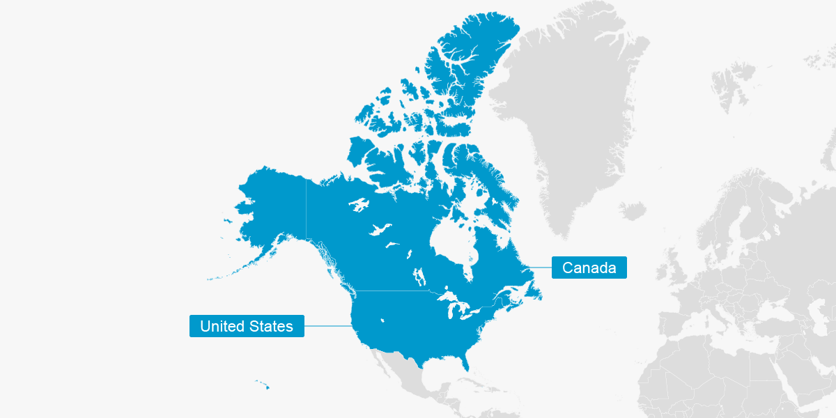 Map labeling the U.S. and Canada as countries where Habitat works
