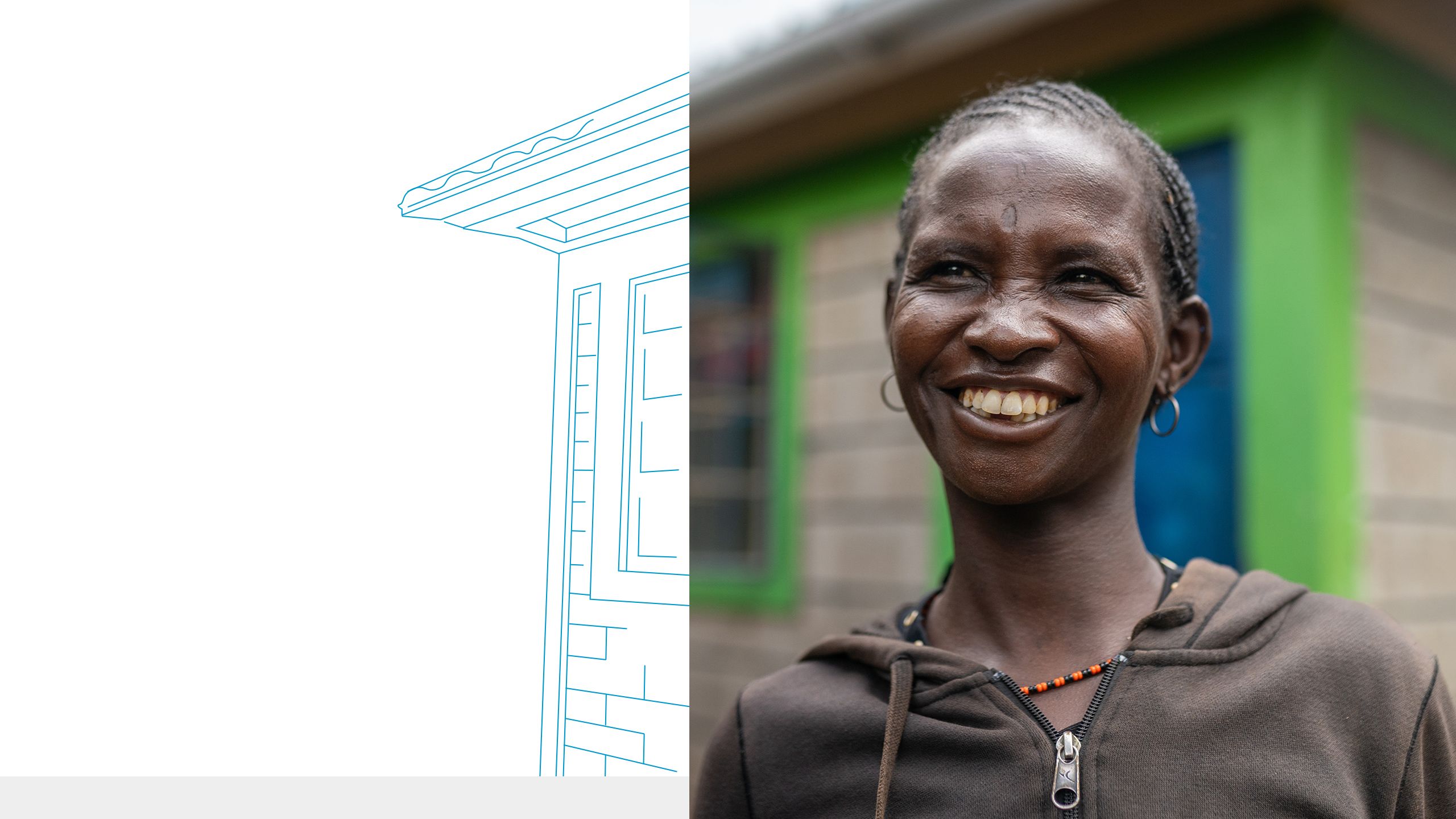 A young woman  with deep brown skin and a brown sweatshirt smiles as she stands in front of her Habitat home, a gray concrete brick house with bright green trim and a blue door. The shape of the house extends into a lineart illustration.