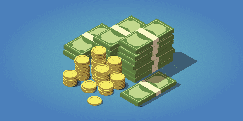 A graphic with stacks of money and coins.