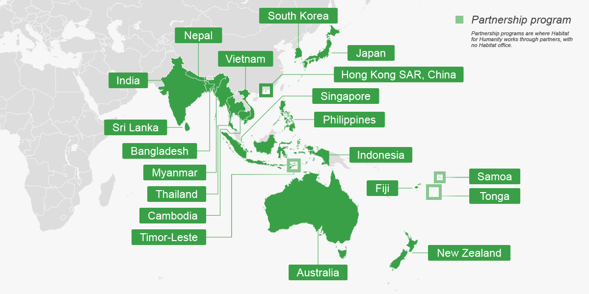 Map of countries in Asia and the Pacific where Habitat works