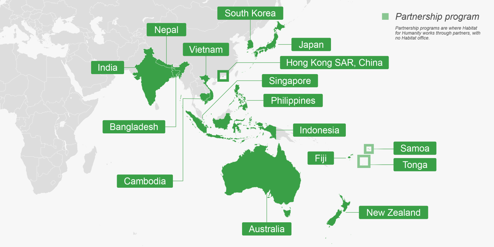 Map of countries in Asia and the Pacific where Habitat works