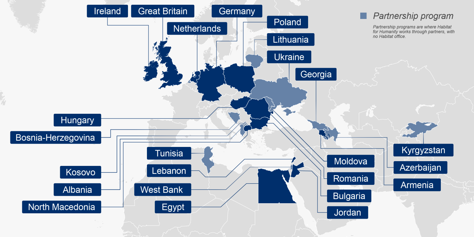 map labeling the countries in Europe and the Middle East where Habitat works