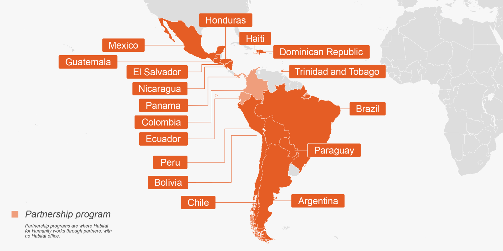 map labeling the countries in Latin America and the Caribbean where Habitat works