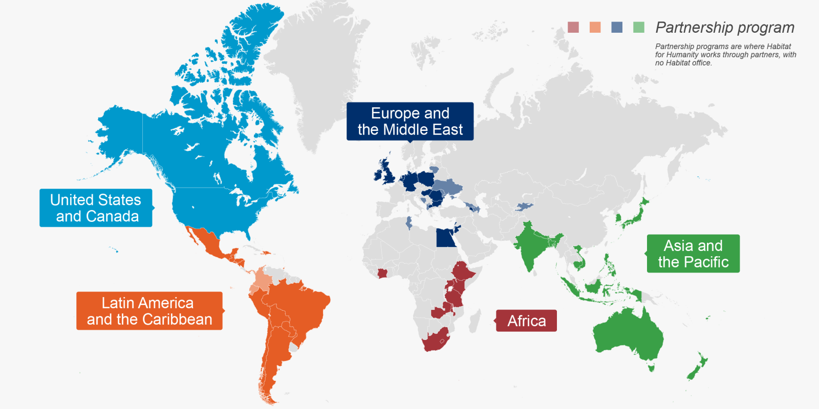 map showing countries in five regions where Habitat works around the world