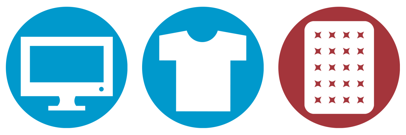 White icons of a computer monitor and a T-shirt, both on blue circles, and a white icon of a mattress on a red circle.