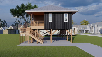 Rendering of a climate-resistant house on stilts with a fortified roof