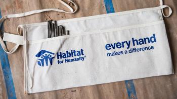 Toolbelt printed with Habitat logo and the text "every hand makes a difference"