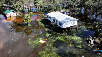 Aerial view of flooded homes