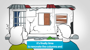An animation of a woman and man in the foreground looking worriedly at a house that has many cracks and a patchwork roof.