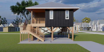 Rendering of a climate-resistant house on stilts with a fortified roof