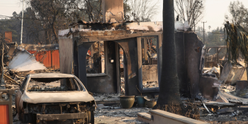 A street with the remains of a car, a house, and trees that have been burnt and destroyed by wildfires in Altadena, California.