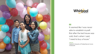 Miriam and her three children smiling in front of a colorful balloon arch