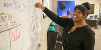 Woman writing on dry erase board