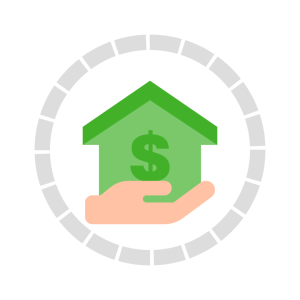 An icon of hand holding a house with a dollar sign on it.