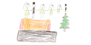 Child's drawing of family celebrating Christmas at home with tree and sofa