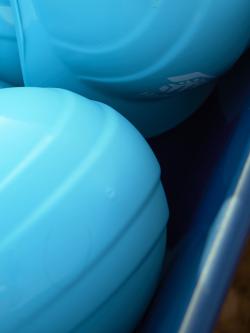 close up of blue hardhats