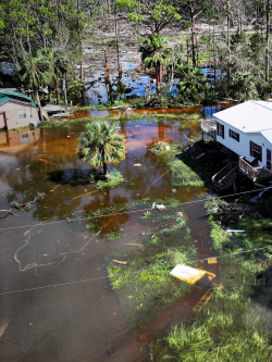 Aerial view of homes submerged in flood waters.