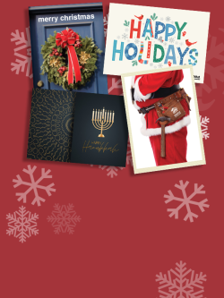 Graphic with red background and snowflakes showing four holiday season e-cards