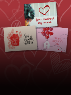 Three digital Valentine's Day e-cards on a red background with hearts