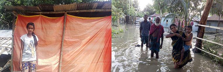 Anita, a flood survivor from Nepal (left) and Bangladeshis (right) wading through flood waters