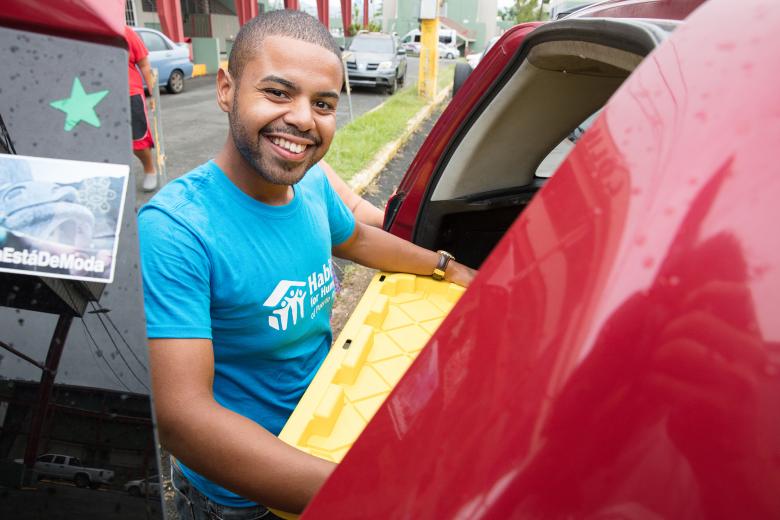 A volunteer cleans up