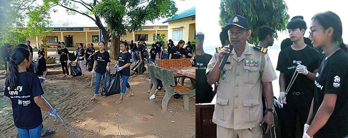 Cambodian youth (left) mobilized in a clean-up campaign initiated by Ek Chantha (bespectacled, far right).