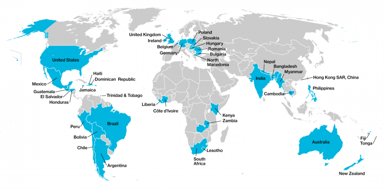 World map with the 41 countries involved in Solid Ground highlighted in blue.