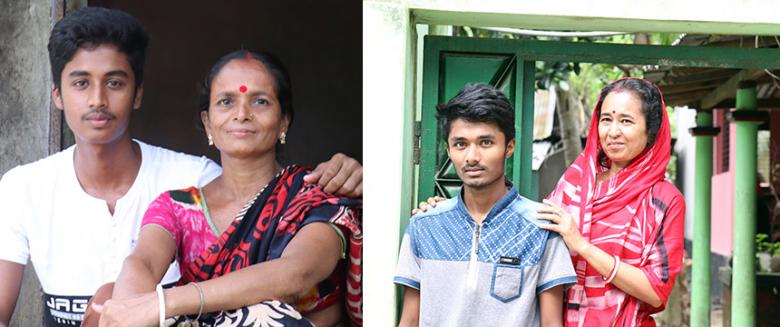 (Left) Dipu with his mother Joyantee; (right) Prangon with his mother Kamona