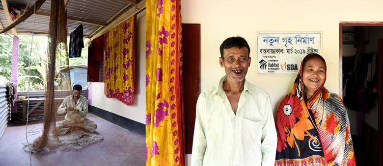 (Left) Alomgir repairing a fishing net; (right) Alomgir with his wife Sakina outside their house.