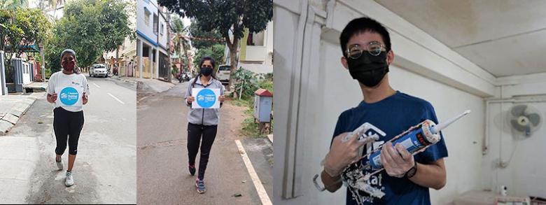 India participants (left) and a Singapore volunteer in respective Habitat Young Leaders Build activities