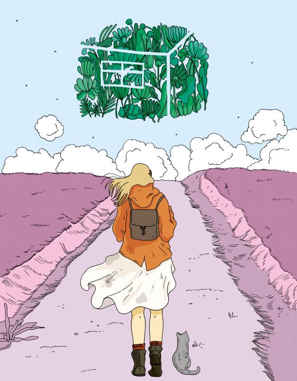 Digital art of a woman wearing a backpack and standing with her cat, looking down a path at a dream-like house made of flowers in the sky.