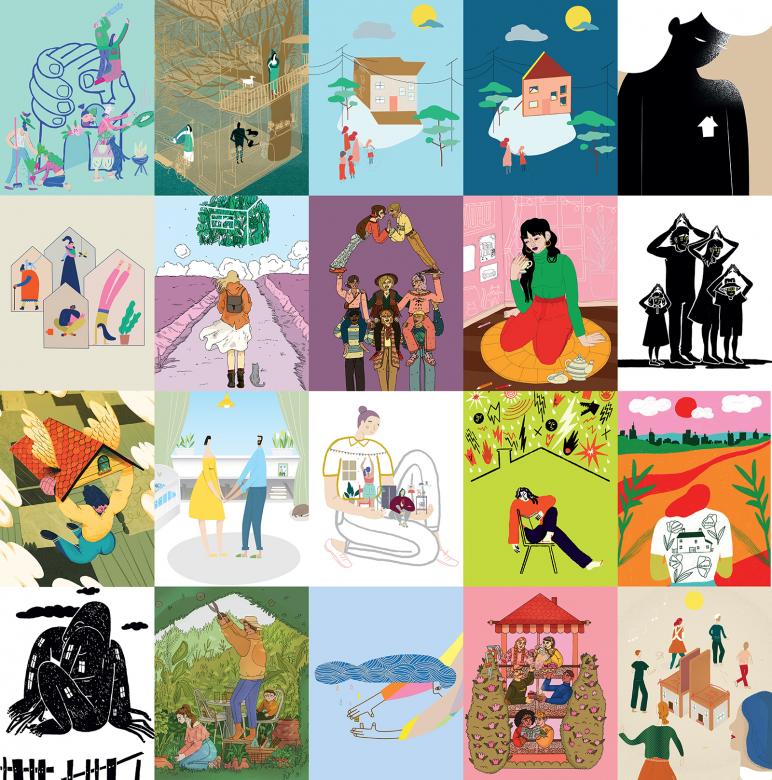 Image collage of 20 digital posters depicting various housing-related art.