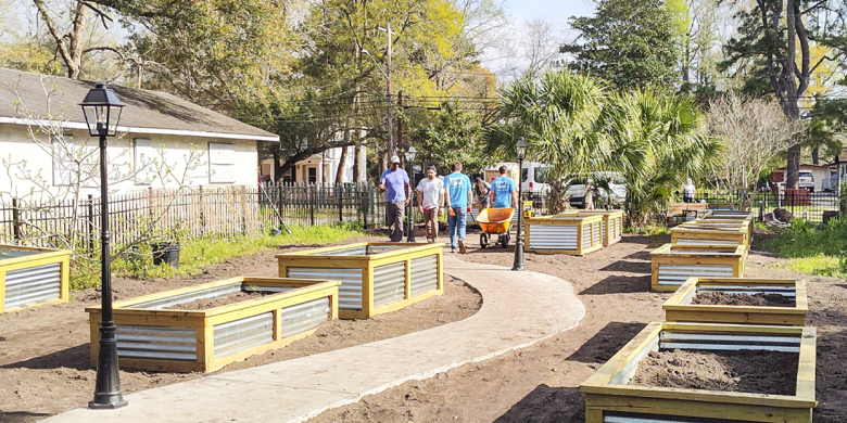 Collegiate Challenge volunteers working in a community garden.