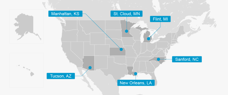 U.S. map with 6 states highlighted in blue (listed in caption)