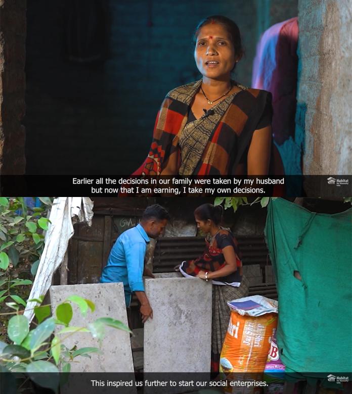 Anuradha in interview (top) and moving a slab at her business (bottom)