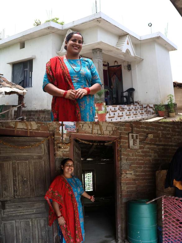 Laxmi at her own home (top) and at her old house (bottom)